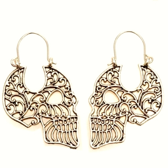 Gold Candy Skull Filigree Earrings Gothic Goth Skulls Day of the Dead Cutout New - Picture 9 of 11